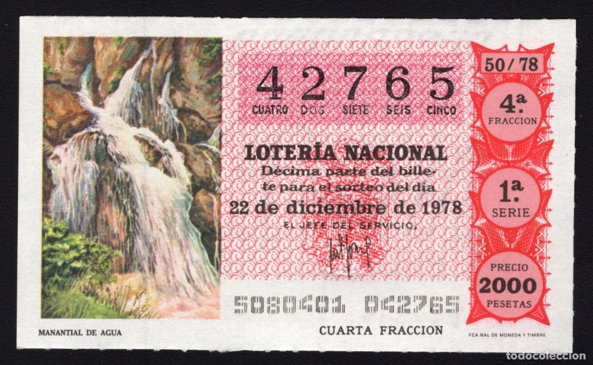 Nationale spanische Lotterie: L. Nacional 22 Diciembre 1978. Manantial de Agua. N&ordm; 42765. Admon 14 El Potos&iacute;. Madrid. Desaparecida