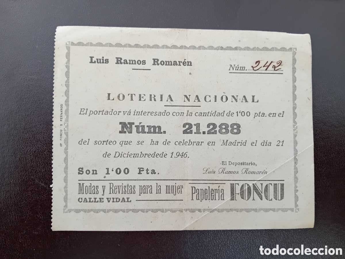 National Spanish Lottery: Loter&iacute;a Nacional a&ntilde;o 1946 papeler&iacute;a foncu