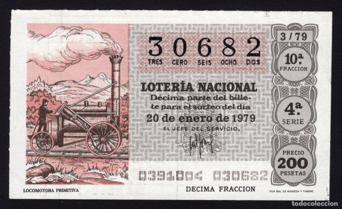 National Spanish Lottery: L. Nacional 20 Enero 1979. n&ordm; 30682. Locomotora Primitiva. Adm&oacute;n 86 Las Gemelas. Madrid. Desaparecid