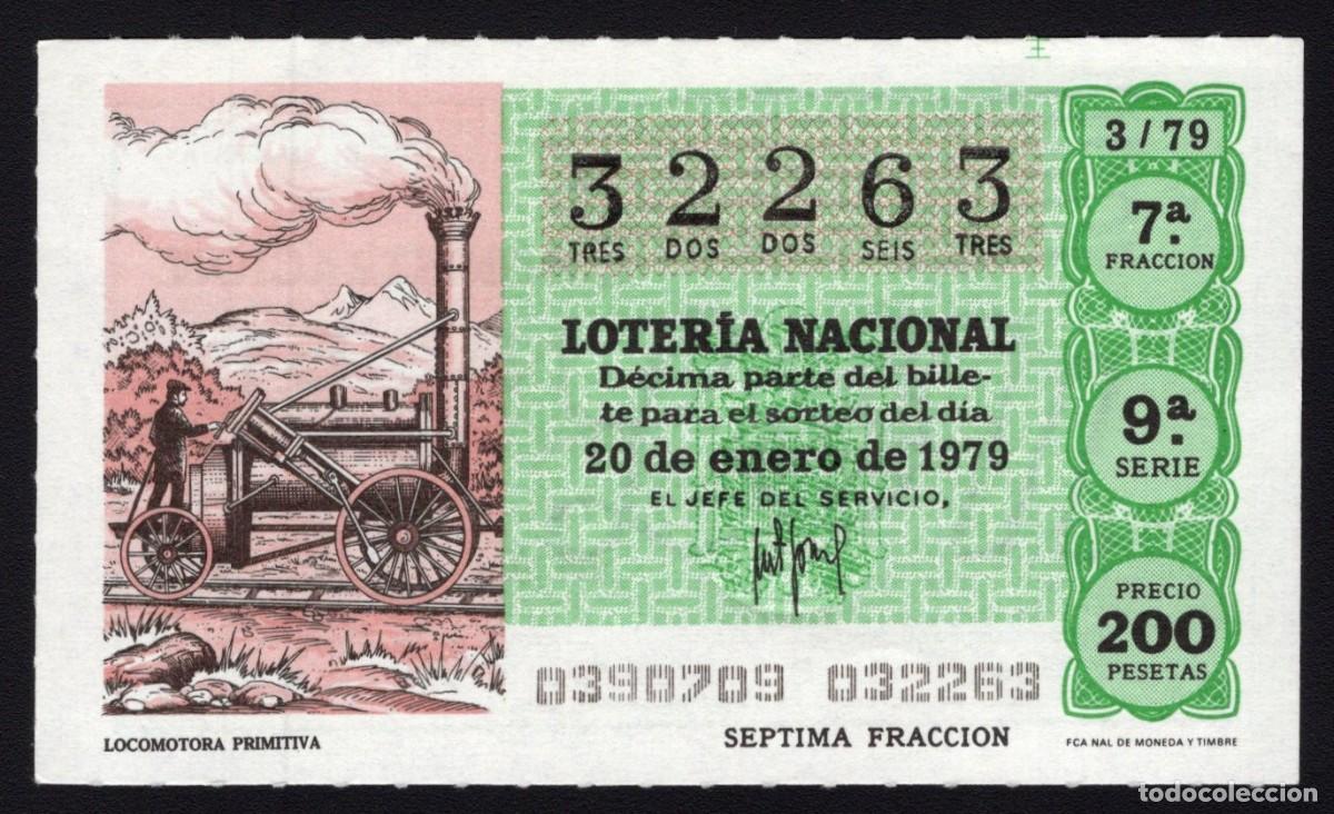 National Spanish Lottery: L. Nacional 20 Enero 1979. n&ordm; 32263. Locomotora Primitiva. Adm&oacute;n 51. Madrid. Desaparecida.