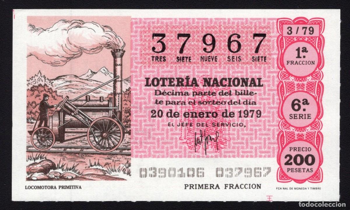 National Spanish Lottery: L. Nacional 20 Enero 1979. n&ordm; 37967. Locomotora Primitiva. Adm&oacute;n 12 Conchita. Madrid. Desaparecida.