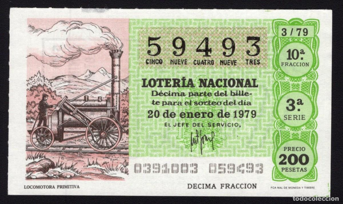 National Spanish Lottery: L. Nacional 20 de Enero 1979. Locomotora Primitiva. N&ordm; 59493. Admon n&ordm; 2. Sonsoles. &Aacute;vila. Desaparec