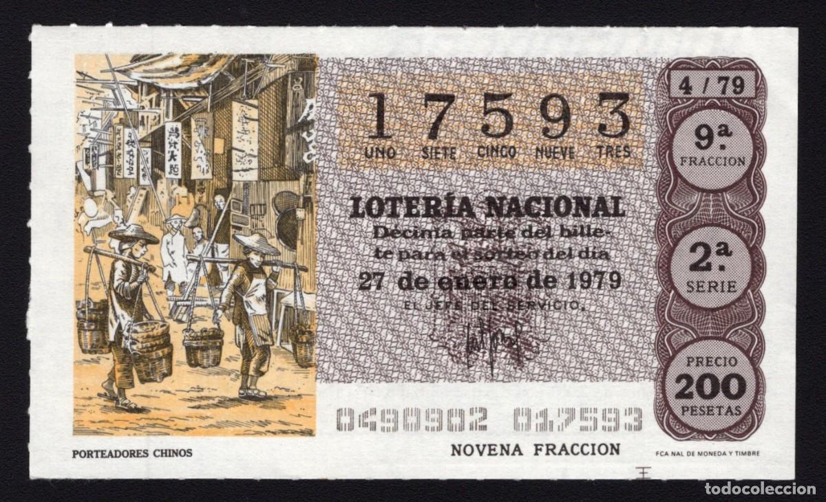 National Spanish Lottery: L. Nacional 27 Enero 1979. Porteadores Chinos. N&ordm; 17593. Adm&oacute;n. n&ordm; 136 Ana. Madrid. Desaparecida.