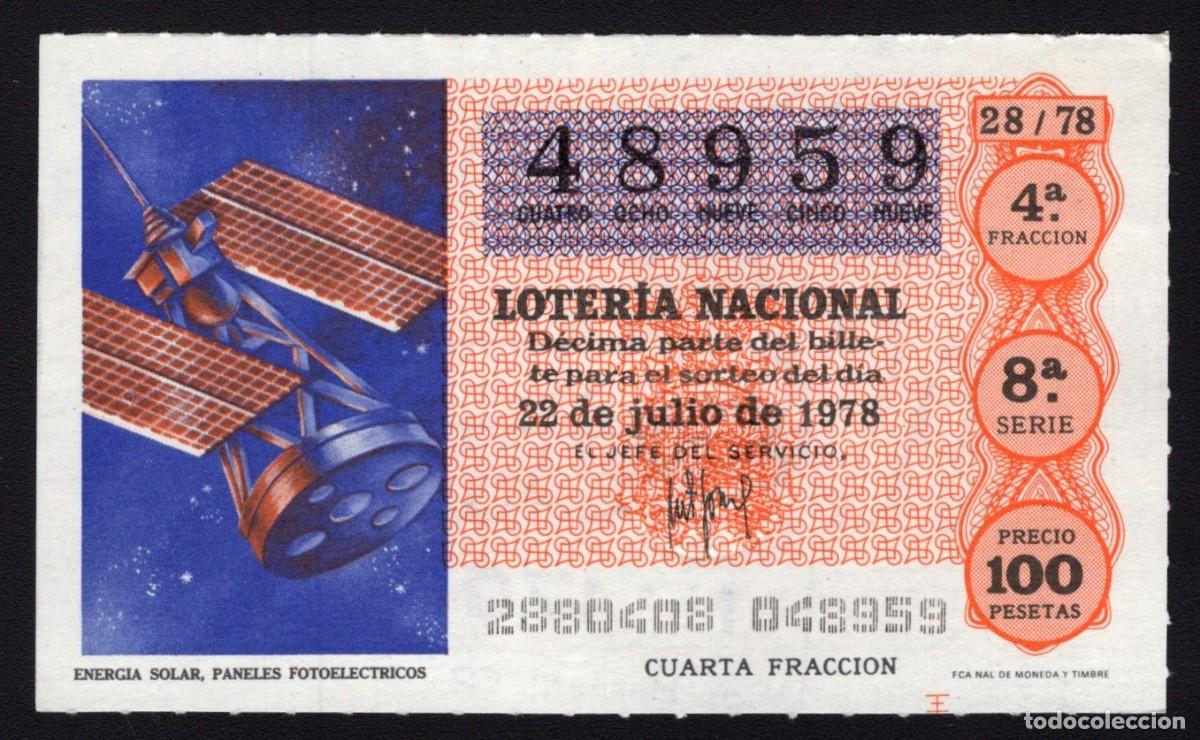 National Spanish Lottery: L. Nacional 22 Julio 1978. Energ&iacute;a Solar. N&ordm; 48959. Admon n&ordm; 179. Madrid.