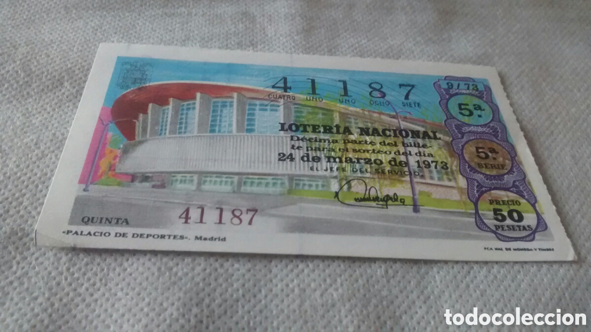 National Spanish Lottery: DECIMO DE LA LOTERIA NACIONAL. SORTEO 24 DE MARZO 1973. 9/73 PALACIO DE DEPORTES. MADRID