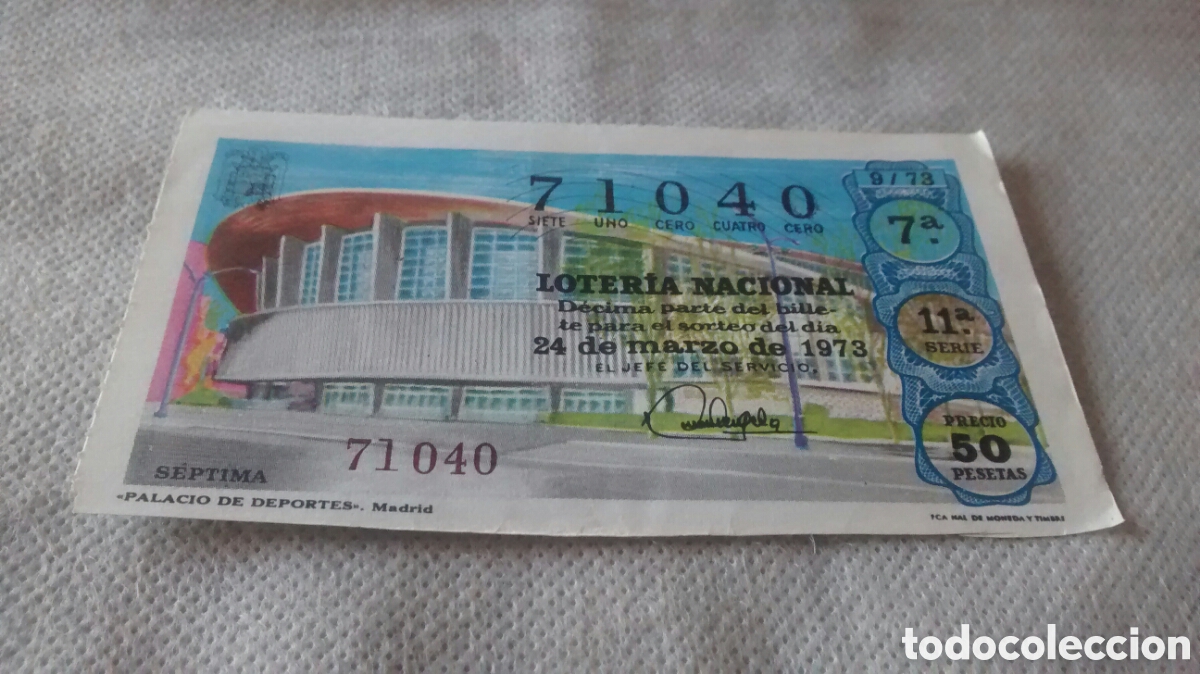 National Spanish Lottery: DECIMO DE LA LOTERIA NACIONAL. SORTEO 24 DE MARZO 1973. 9/73 PALACIO DE DEPORTES. MADRID