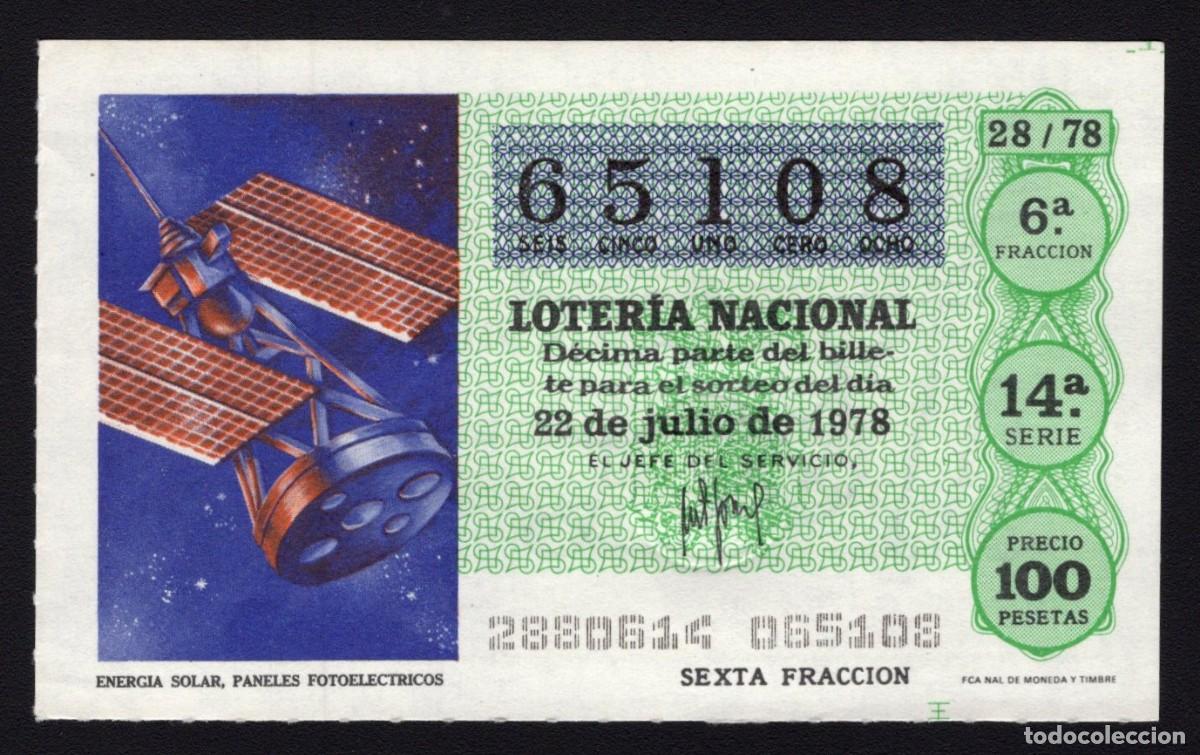 Nationale spanische Lotterie: L. Nacional 22 Julio 1978. Energ&iacute;a Solar. N&ordm; 65108. Admon 80 La Espiga de Oro Alhambra. Madrid.