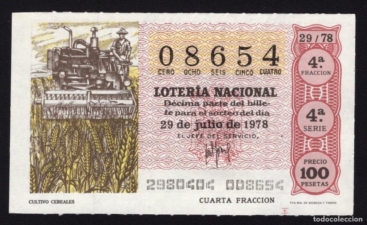 Nationale spanische Lotterie: L. Nacional 29 Julio 1978. Cultivo Cereales. N&ordm; 08654. Adm&oacute;n 55. Madrid. Desaparecida.