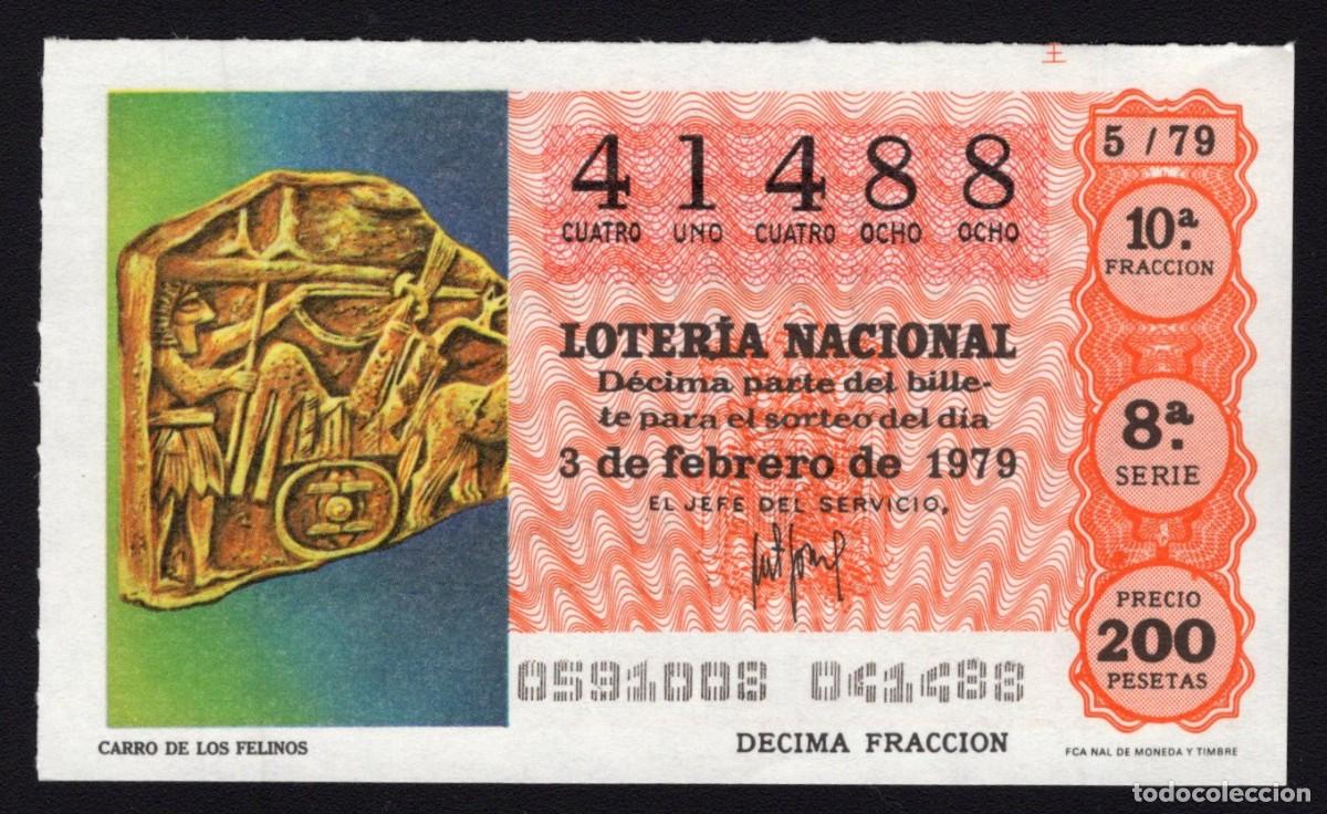 Nationale spanische Lotterie: L. Nacional 3 Febrero 1979. Carro de los Felinos. N&ordm; 41488. Adm&oacute;n n&ordm; 56 Amparito. Madrid. Desapareci