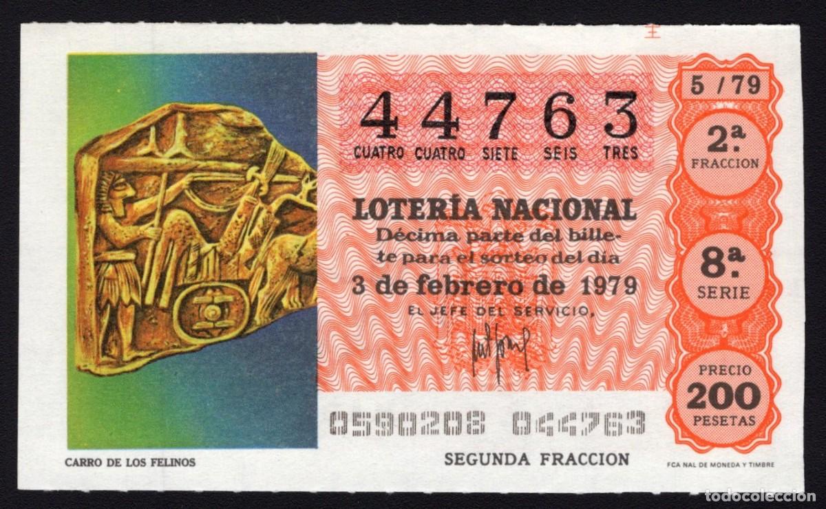 Nationale spanische Lotterie: L. Nacional 3 Febrero 1979. Carro de los Felinos. N&ordm; 44763. Adm&oacute;n. n&ordm; 12 Conchita. Madrid. Desaparec
