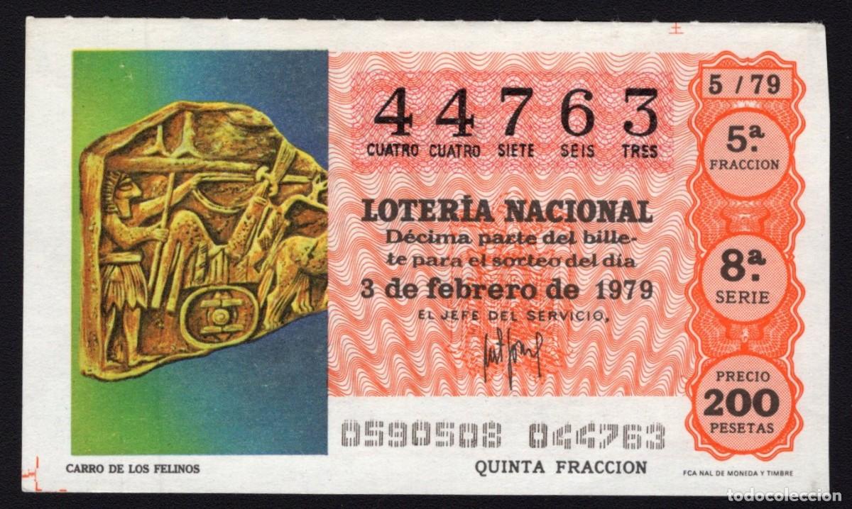 Nationale spanische Lotterie: L. Nacional 3 Febrero 1979. Carro de los Felinos. N&ordm; 44763. Adm&oacute;n. n&ordm; 12 Conchita. Madrid. Desaparec