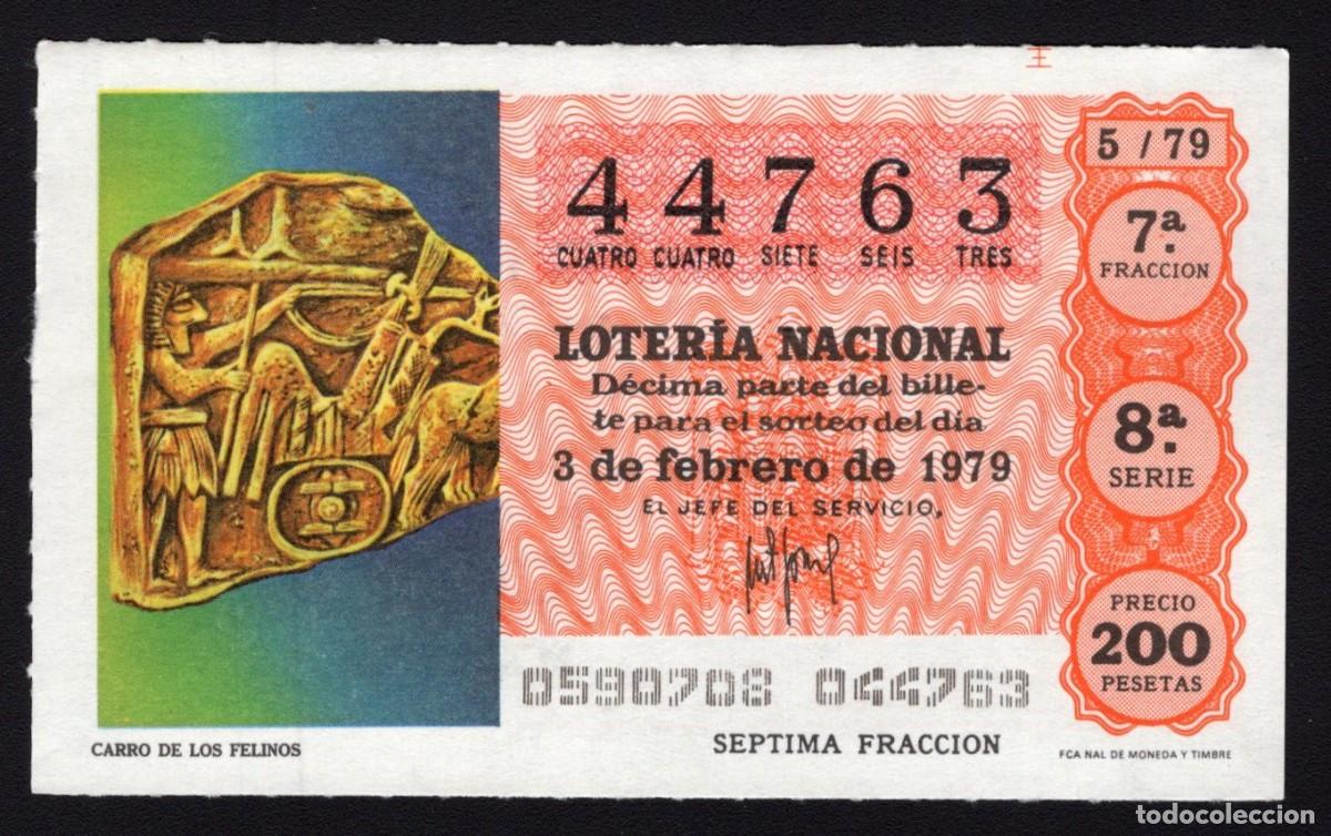 Nationale spanische Lotterie: L. Nacional 3 Febrero 1979. Carro de los Felinos. N&ordm; 44763. Adm&oacute;n. n&ordm; 12 Conchita. Madrid. Desaparec