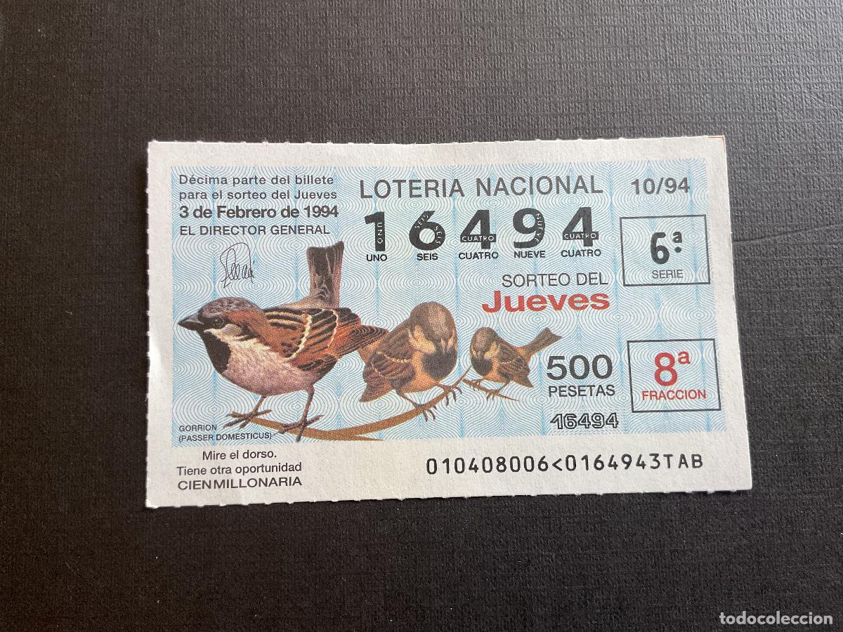 Nationale spanische Lotterie: DECIMO LOTERIA JUEVES N&ordm; 16494 SORTEO 10 A&Ntilde;O 1994