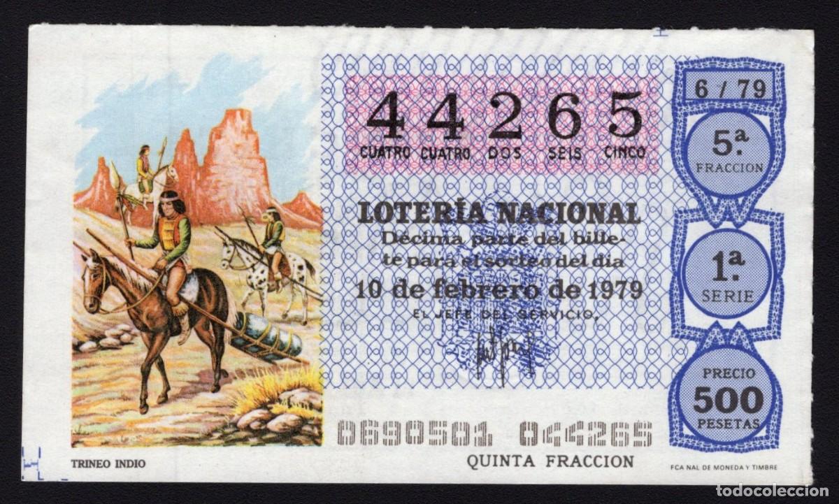 Nationale spanische Lotterie: L. Nacional 10 Febrero 1979. Trineo Indio. N&ordm; 44265. Adm&oacute;n. 12 Conchita. Madrid.