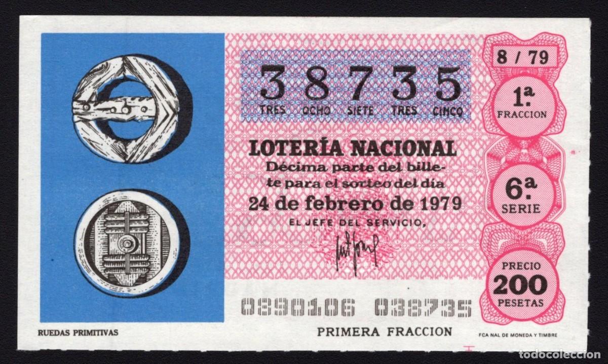 National Spanish Lottery: L. Nacional 24 Febrero 1979. Ruedas Primitivas. N&ordm; 38735. Adm&oacute;n. n&ordm; 12 Conchita, Madrid. Desaparecid
