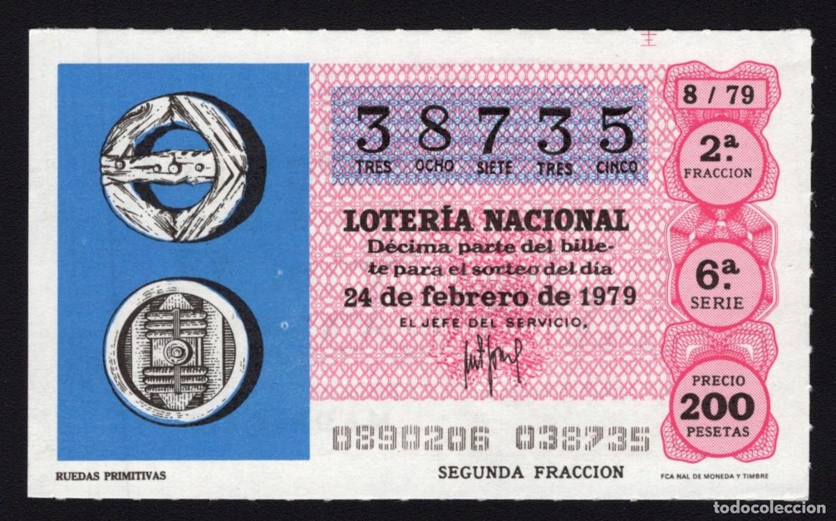 National Spanish Lottery: L. Nacional 24 Febrero 1979. Ruedas Primitivas. N&ordm; 38735. Adm&oacute;n. n&ordm; 12 Conchita, Madrid. Desaparecid