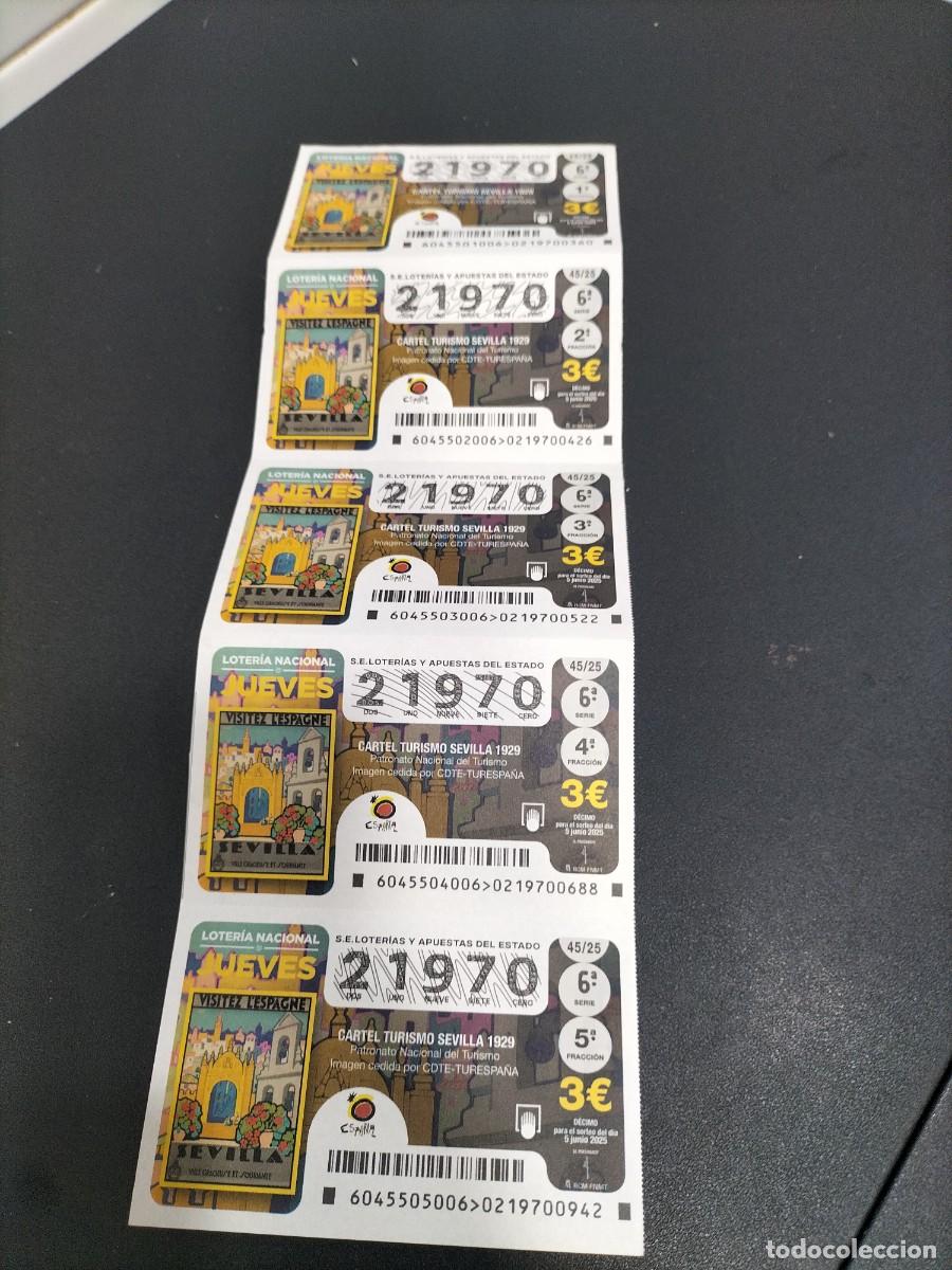 National Spanish Lottery: 5 DECIMOS MEDIO BILLETE LOTERIA NACIONAL JUEVES 5 JUNIO 2025 - 45/25 - SEVILLA CARTEL TURISMO 1929