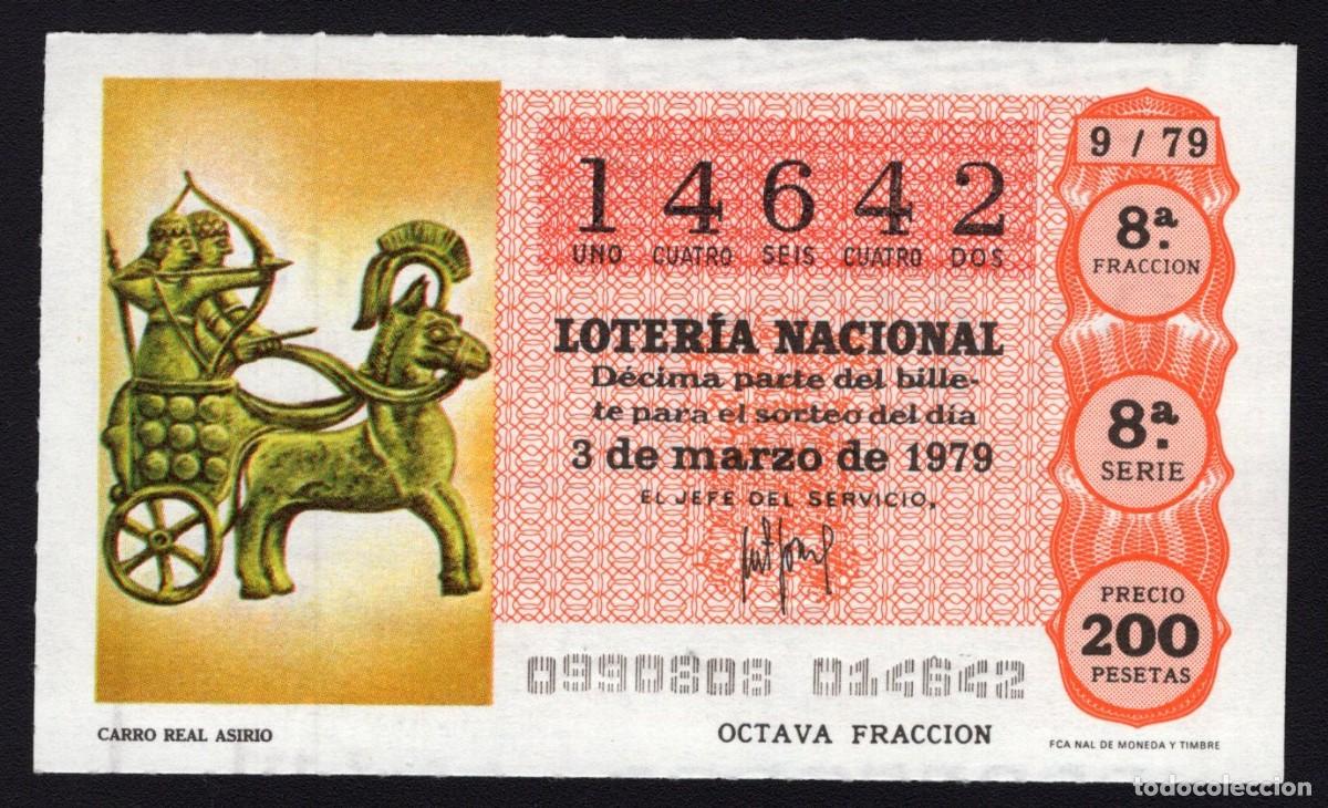 National Spanish Lottery: L. Nacional 3 Marzo 1979. Carro Real Asirio. N&ordm; 14642. Adm&oacute;n. n&ordm; 111. Madrid.