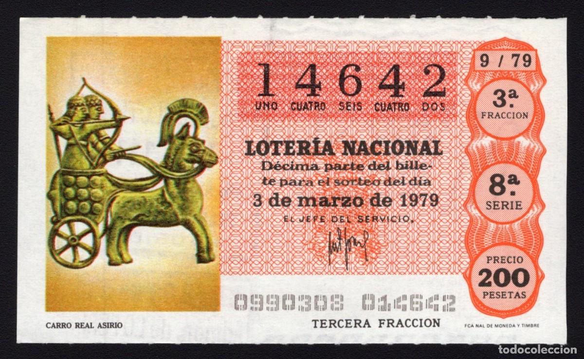 National Spanish Lottery: L. Nacional 3 Marzo 1979. Carro Real Asirio. N&ordm; 14642. Adm&oacute;n. n&ordm; 111. Madrid.
