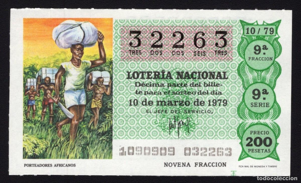 National Spanish Lottery: L. Nacional 10 de Marzo 1979. Porteadores Africanos. N&ordm; 32263. Admon. n&ordm; 51. Madrid. Desaparecida.