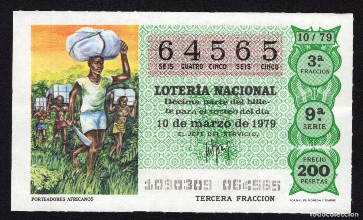 National Spanish Lottery: L. Nacional 10 Marzo 1979. Porteadores Africanos. N&ordm; 64565. Adm&oacute;n. n&ordm; 12. Conchita. Madrid. Desapare