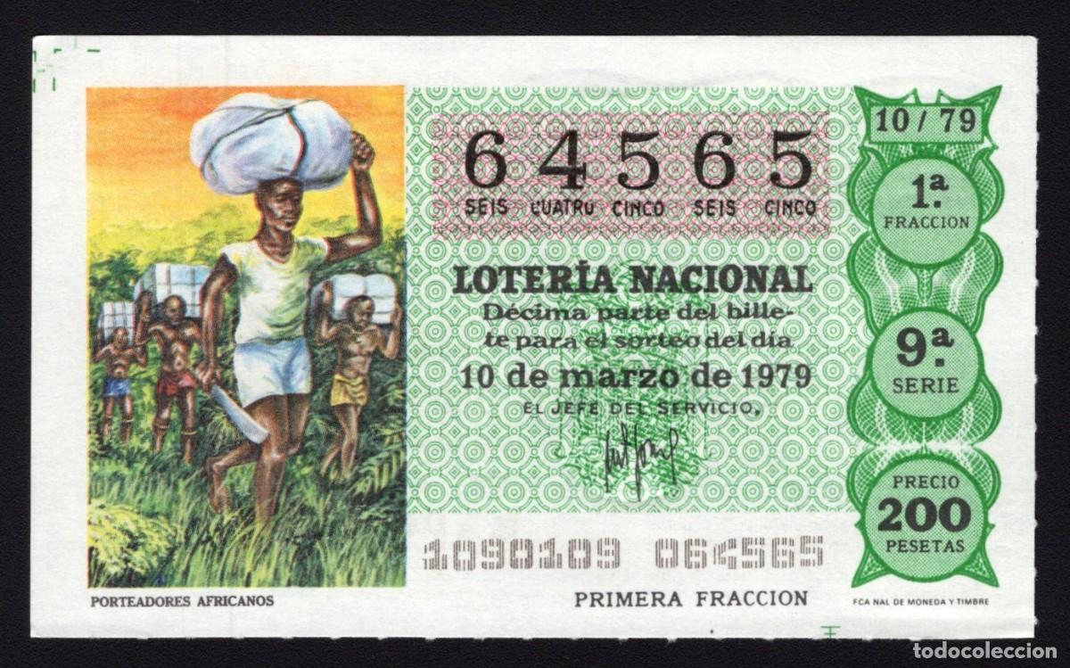 National Spanish Lottery: L. Nacional 10 Marzo 1979. Porteadores Africanos. N&ordm; 64565. Adm&oacute;n. n&ordm; 12. Conchita. Madrid. Desapare