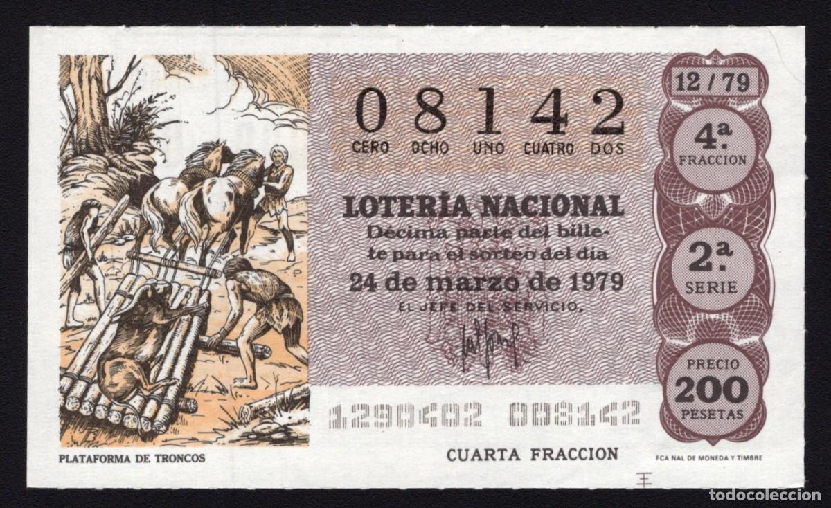 Nationale spanische Lotterie: L. Nacional 24 Marzo 1979. Plataforma de Troncos. N&ordm; 08142. Adm&oacute;n. n&ordm; 61. S. Antonio. Madrid.