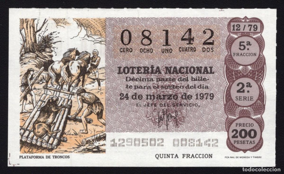 Nationale spanische Lotterie: L. Nacional 24 Marzo 1979. Plataforma de Troncos. N&ordm; 08142. Adm&oacute;n. n&ordm; 61. S. Antonio. Madrid.