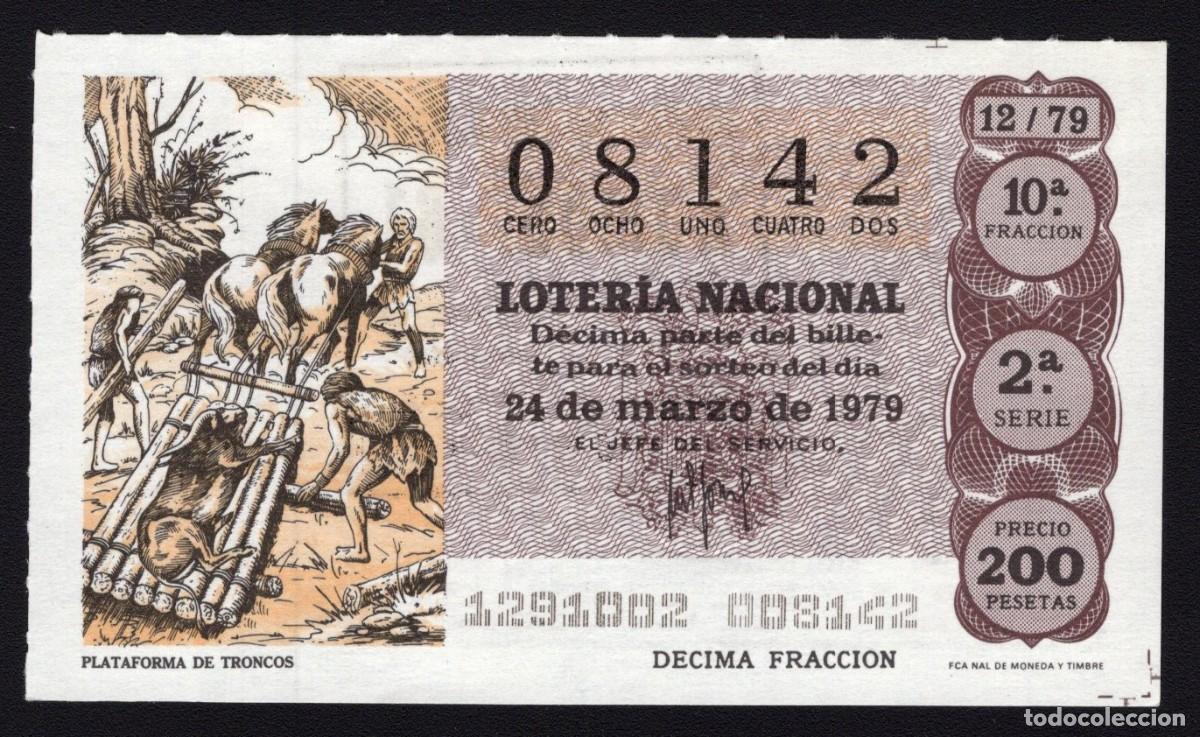 Nationale spanische Lotterie: L. Nacional 24 Marzo 1979. Plataforma de Troncos. N&ordm; 08142. Adm&oacute;n. n&ordm; 61. S. Antonio. Madrid.