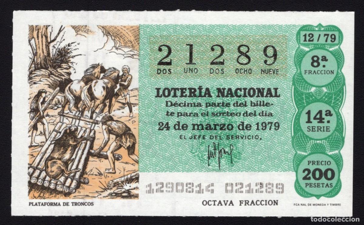 Nationale spanische Lotterie: L. Nacional 24 Marzo 1979. Plataforma de Troncos. N&ordm; 21289. Adm&oacute;n. n&ordm; 111. Madrid.