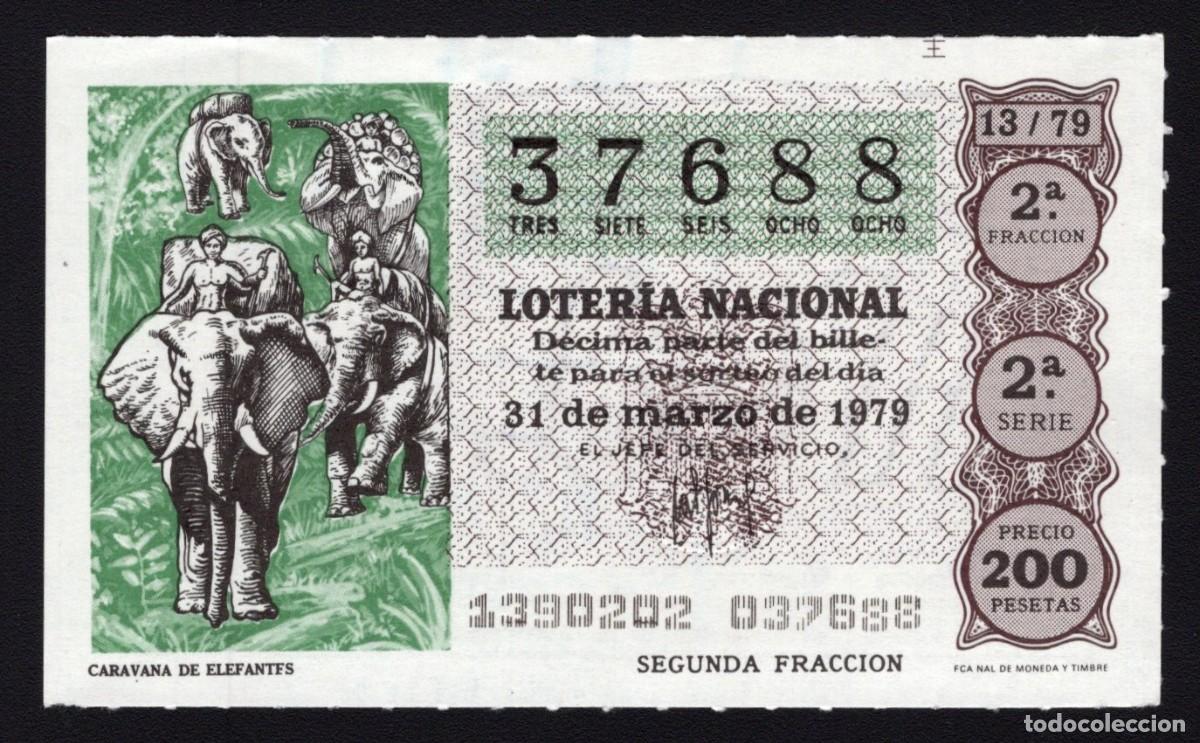 Nationale spanische Lotterie: L. Nacional 31 Marzo 1979. Caravana de Elefantes. N&ordm; 37688. Admon n&ordm; 34 Madrid.