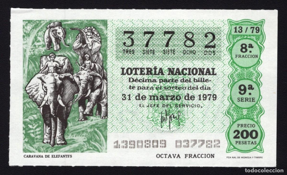 Nationale spanische Lotterie: L. Nacional 31 Marzo 1979. Caravana de Elefantes. N&ordm; 37782. Admon n&ordm; 12. Conchita. Madrid. Desaparec