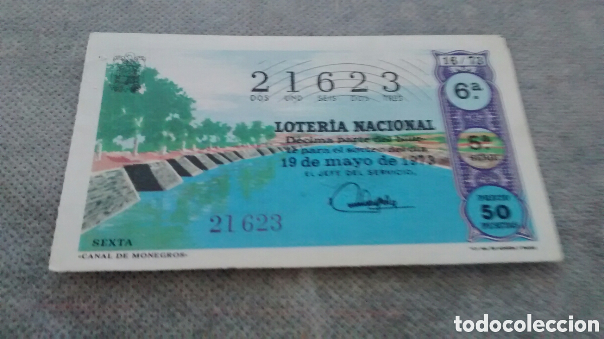 Nationale spanische Lotterie: DECIMO DE LA LOTERIA NACIONAL. SORTEO 19 MAYO 1973 16/73 CANAL DE MONEGROS
