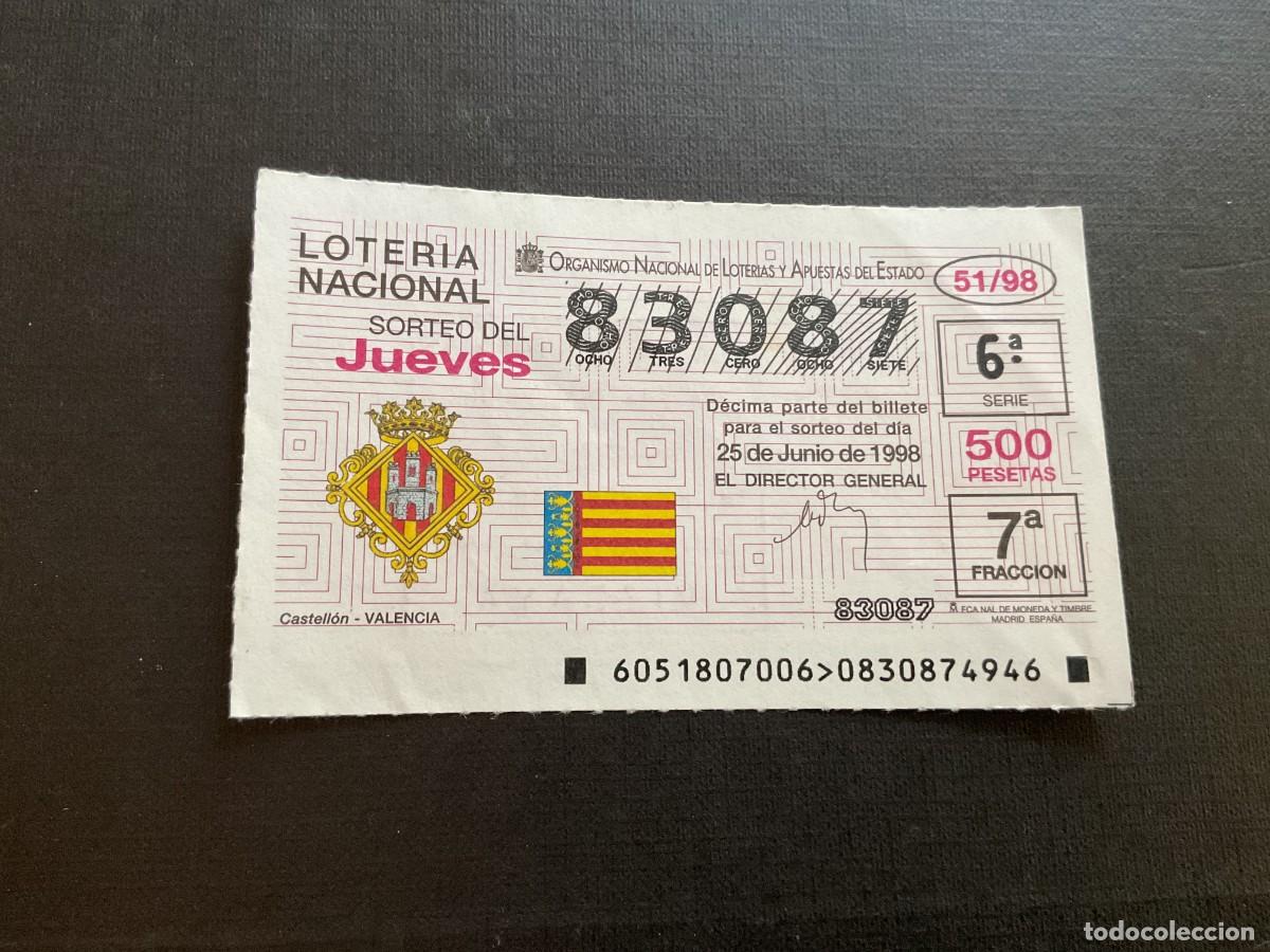 National Spanish Lottery: DECIMO LOTERIA JUEVES N&ordm; 83087 SORTEO 51 A&Ntilde;O 1998