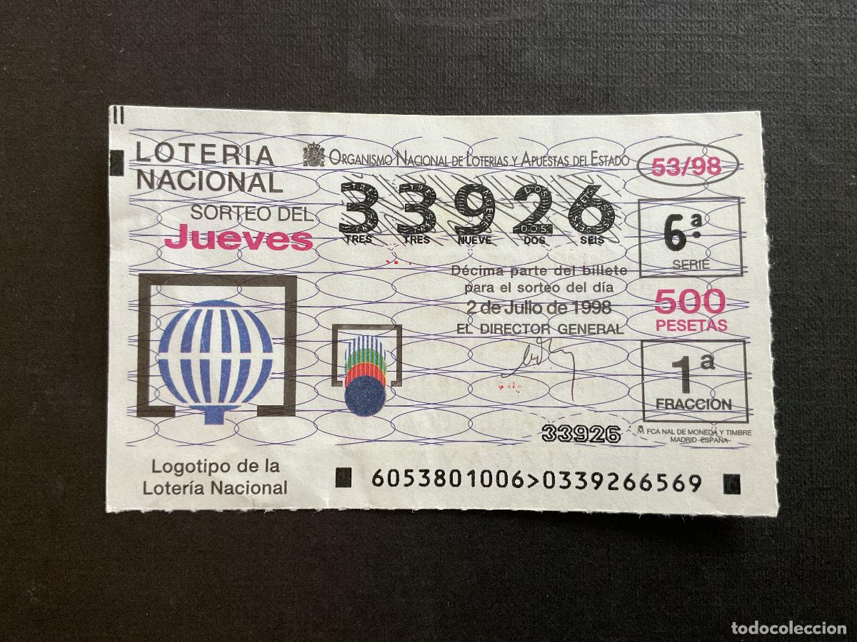 National Spanish Lottery: DECIMO LOTERIA JUEVES N&ordm; 33926 SORTEO 53 A&Ntilde;O 1998