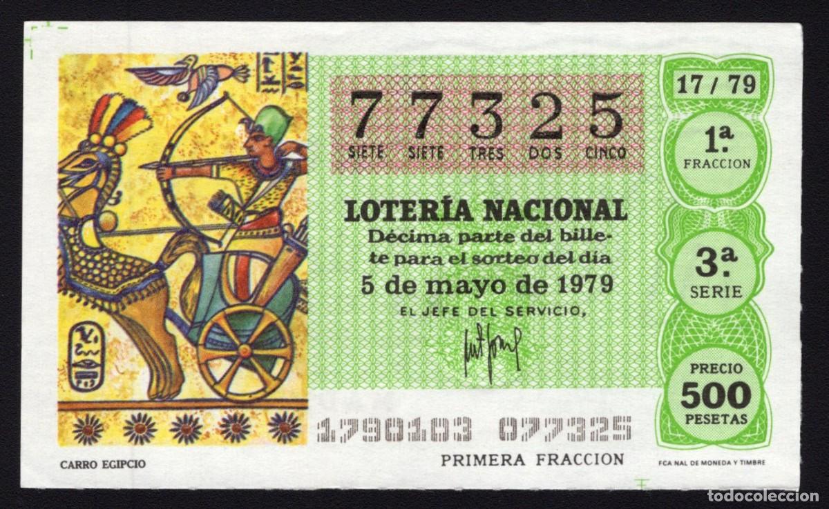 National Spanish Lottery: L. Nacional 5 Mayo 1979. Carro Egipcio. N&ordm; 77325. Admon n&ordm; 12. Conchita. Madrid. Desaparecida.