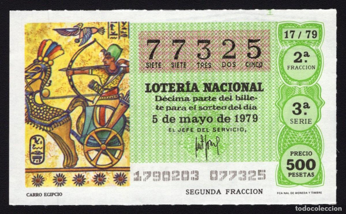 National Spanish Lottery: L. Nacional 5 Mayo 1979. Carro Egipcio. N&ordm; 77325. Admon n&ordm; 12. Conchita. Madrid. Desaparecida.