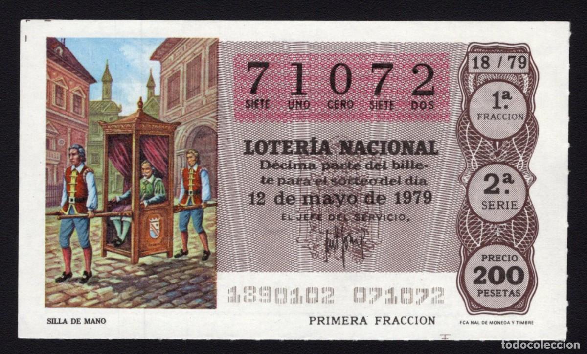 National Spanish Lottery: L. Nacional 12 Mayo 1979. Silla de Mano. N&ordm; 71072. Admon n&ordm; 2 Sonsoles. &Aacute;vila. Desaparecida.