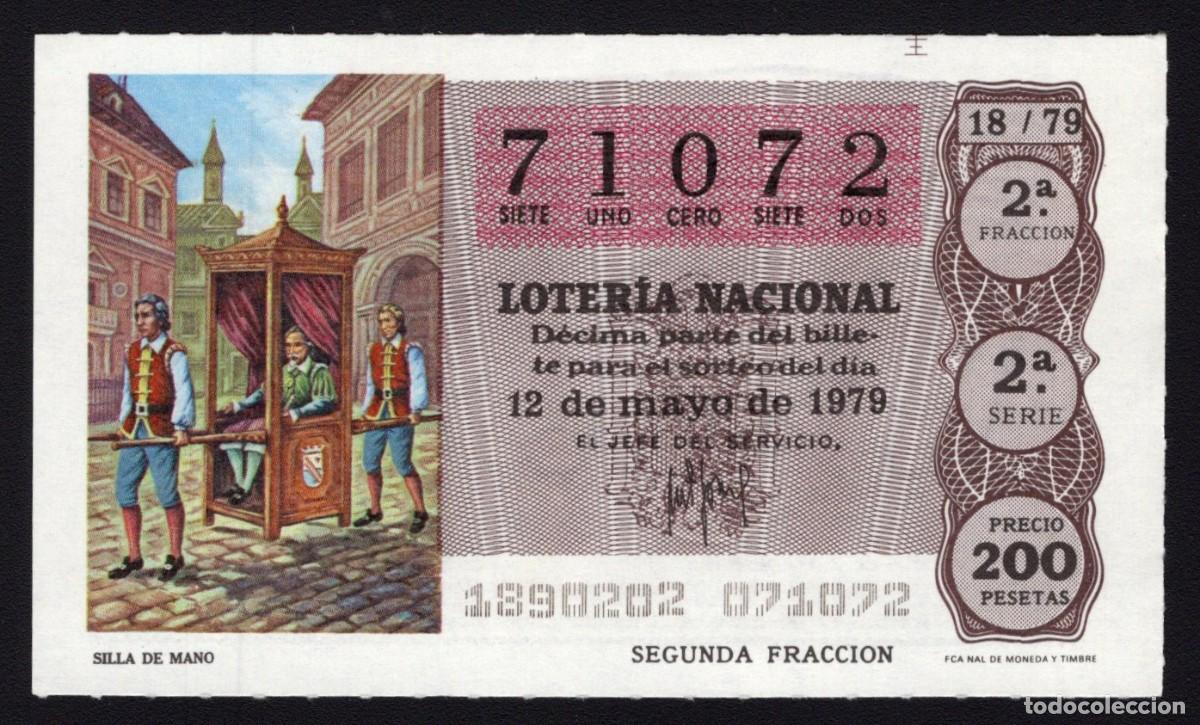 National Spanish Lottery: L. Nacional 12 Mayo 1979. Silla de Mano. N&ordm; 71072. Admon n&ordm; 2 Sonsoles. &Aacute;vila. Desaparecida.