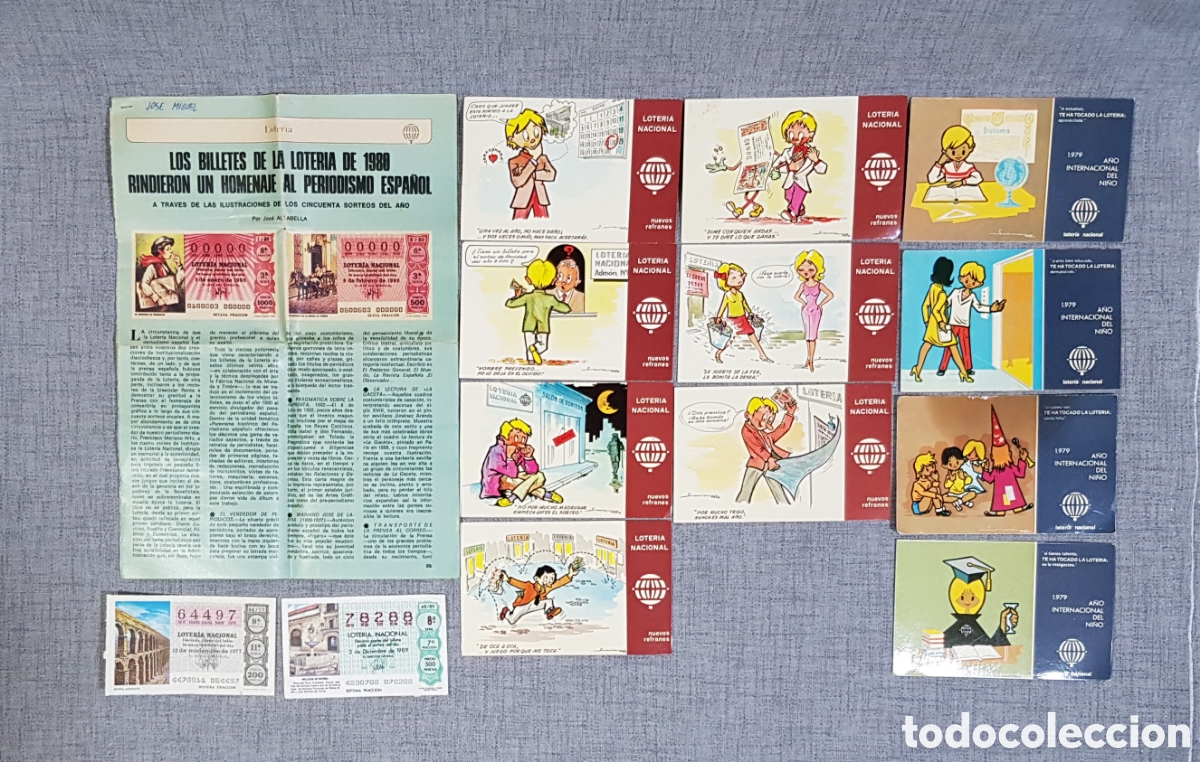 Loterie Nationale: LOTER&Iacute;A NACIONAL D&Eacute;CIMO 12-11-1977 Y 02-12-1989 + ART&Iacute;CULO SOBRE LA LOTER&Iacute;A 1980 + POSTALES REFRANES