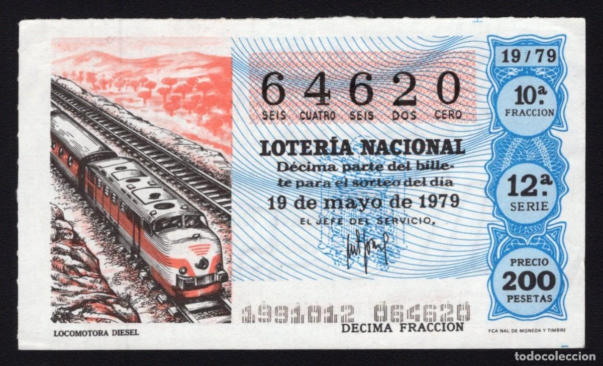 Loterie Nationale: L. Nacional 19 Mayo 1979. Locomotora Diesel. N&ordm; 64620. Admon n&ordm; 8 La Divina. Madrid. Desaparecida.
