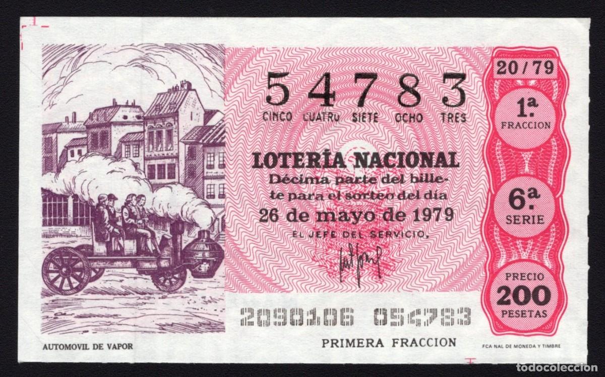 Nationale spanische Lotterie: L. Nacional 26 Mayo 1979. Autom&oacute;vil vapor. N&ordm; 54783. Admon n&ordm; 12. Conchita. Madrid. Desaparecida.