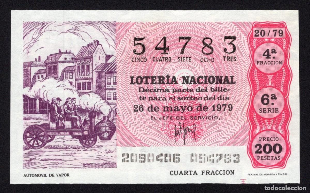 Nationale spanische Lotterie: L. Nacional 26 Mayo 1979. Autom&oacute;vil vapor. N&ordm; 54783. Admon n&ordm; 12. Conchita. Madrid. Desaparecida.