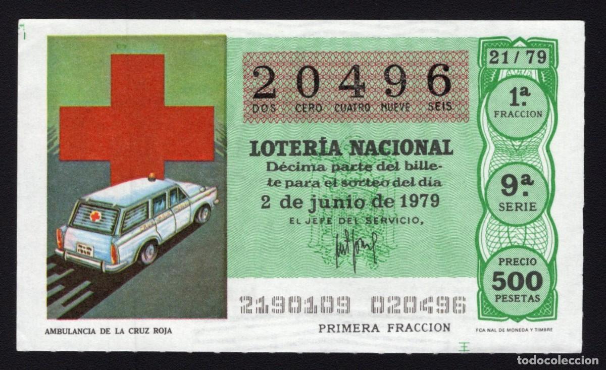 Nationale spanische Lotterie: L. Nacional 2 Junio 1979. Ambulancia Cruz Roja. N&ordm; 20496. Admon n&ordm; 12 Conchita. Madrid. Desaparecida