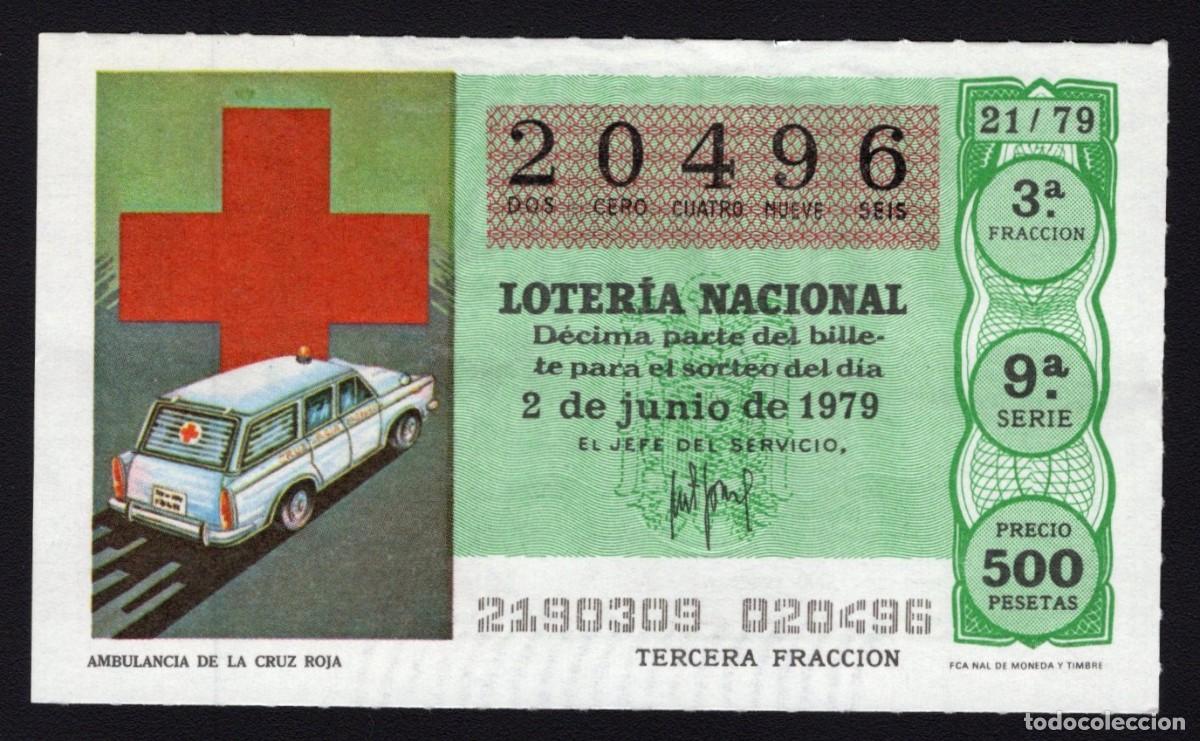 Nationale spanische Lotterie: L. Nacional 2 Junio 1979. Ambulancia Cruz Roja. N&ordm; 20496. Admon n&ordm; 12 Conchita. Madrid. Desaparecida