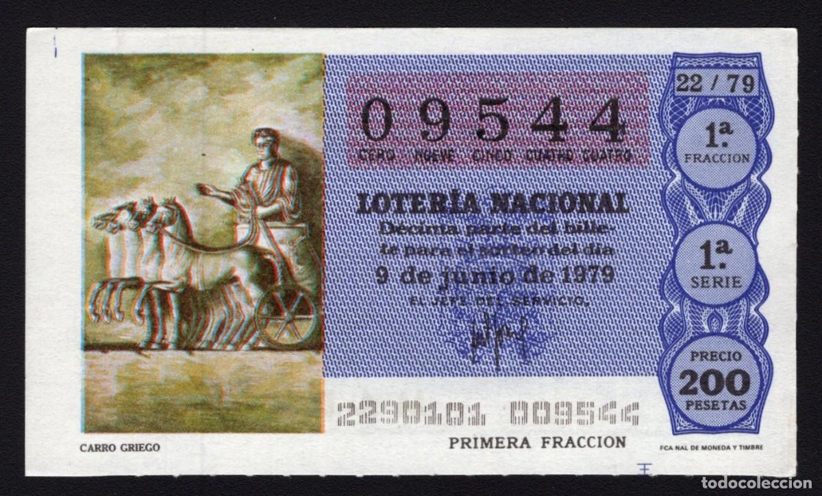 National Spanish Lottery: L. Nacional 9 Junio 1979. Carro Griego. N&ordm; 09544. Admon n&ordm; 15. Rialto. Madrid.