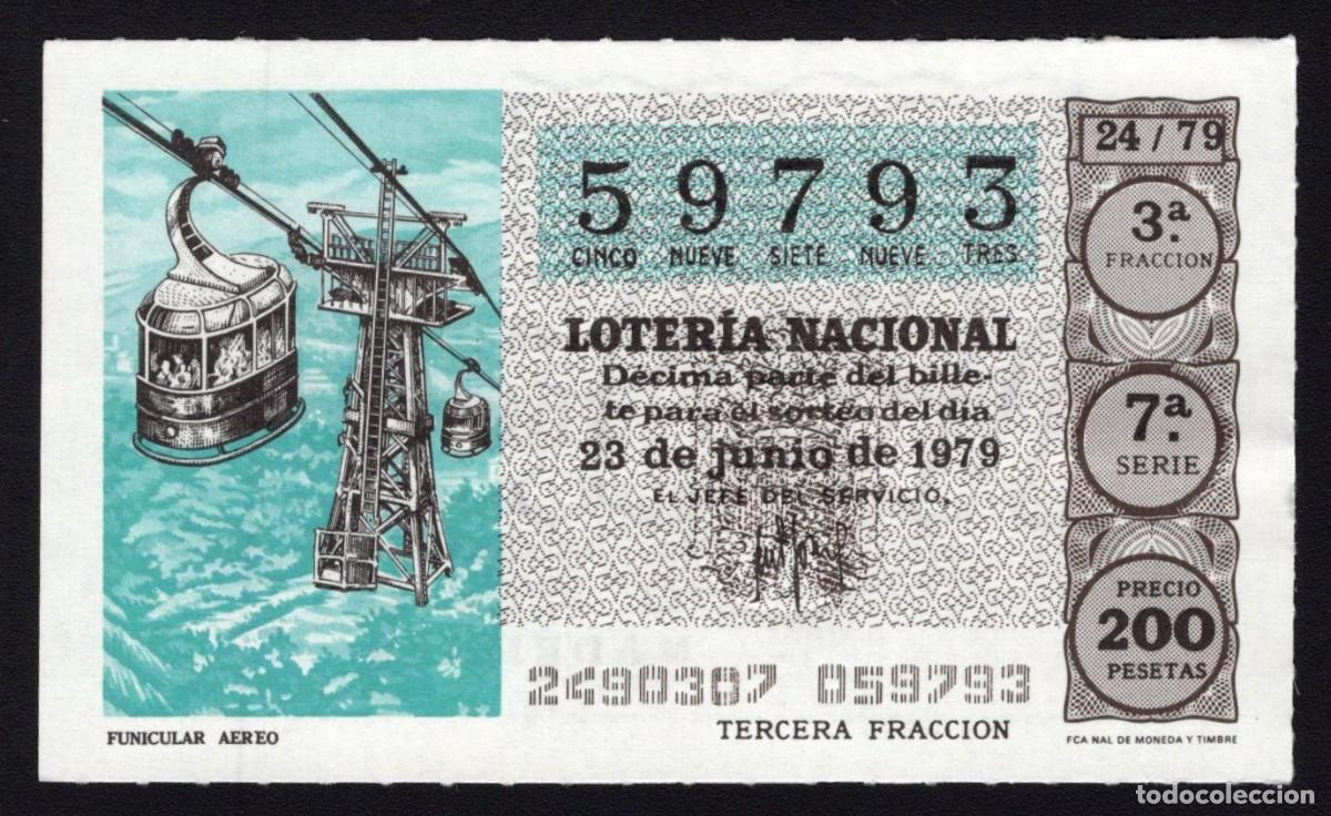 Lotaria Nacional: L. Nacional 23 Junio 1979. Funicular A&eacute;reo. N&ordm; 59793. Admon n&ordm; 12. Conchita. Madrid. Desaparecida.