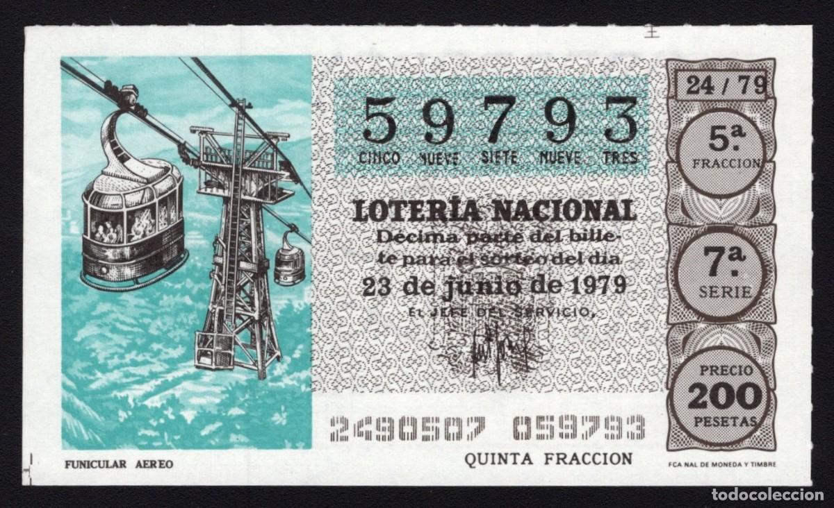 Lotaria Nacional: L. Nacional 23 Junio 1979. Funicular A&eacute;reo. N&ordm; 59793. Admon n&ordm; 12. Conchita. Madrid. Desaparecida.