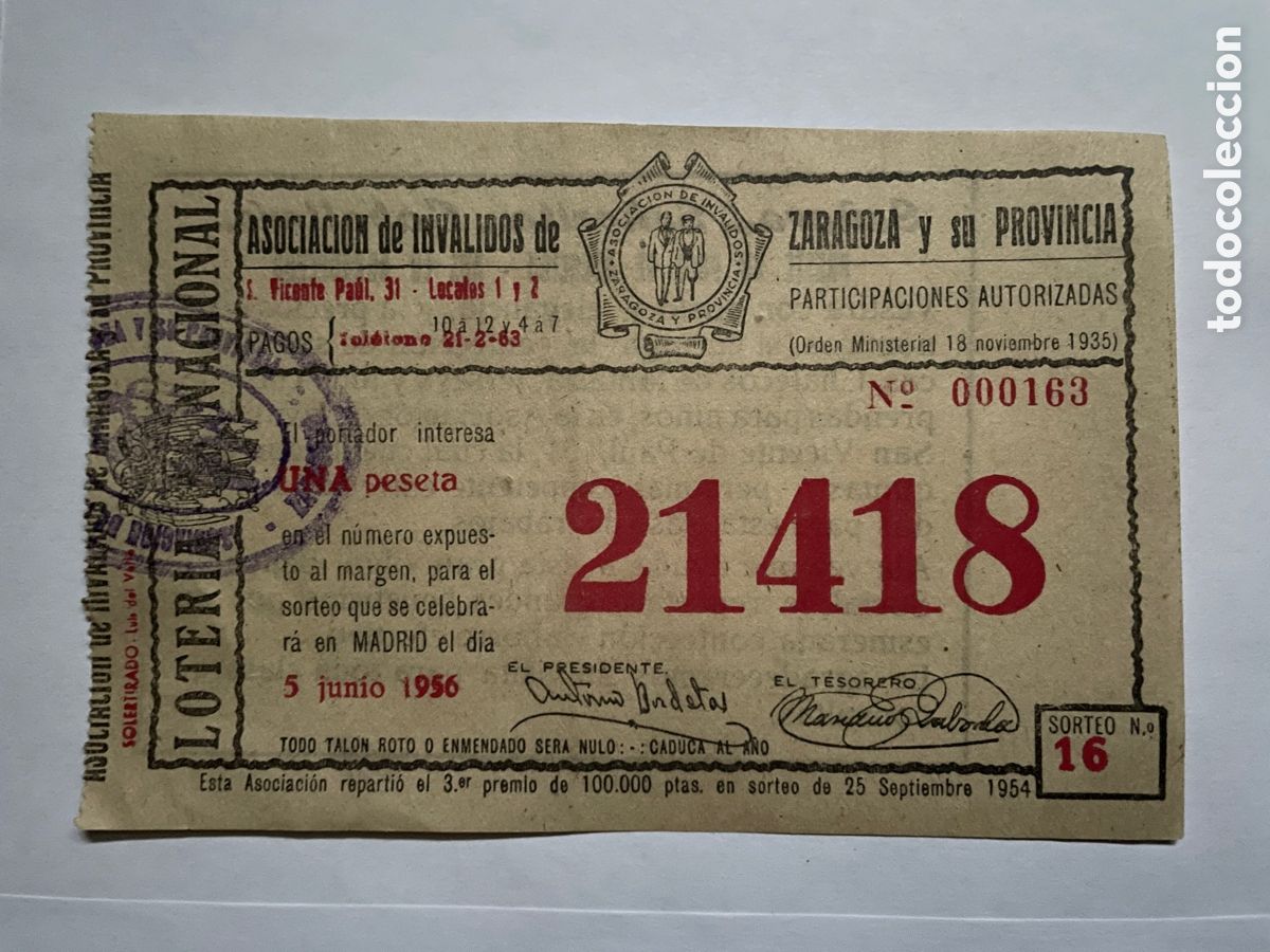 Lotaria Nacional: Loter&iacute;a Nacional / Asociaci&oacute;n de Inv&aacute;lidos de Zaragoza y su provincia / Extraordinaria / 1956