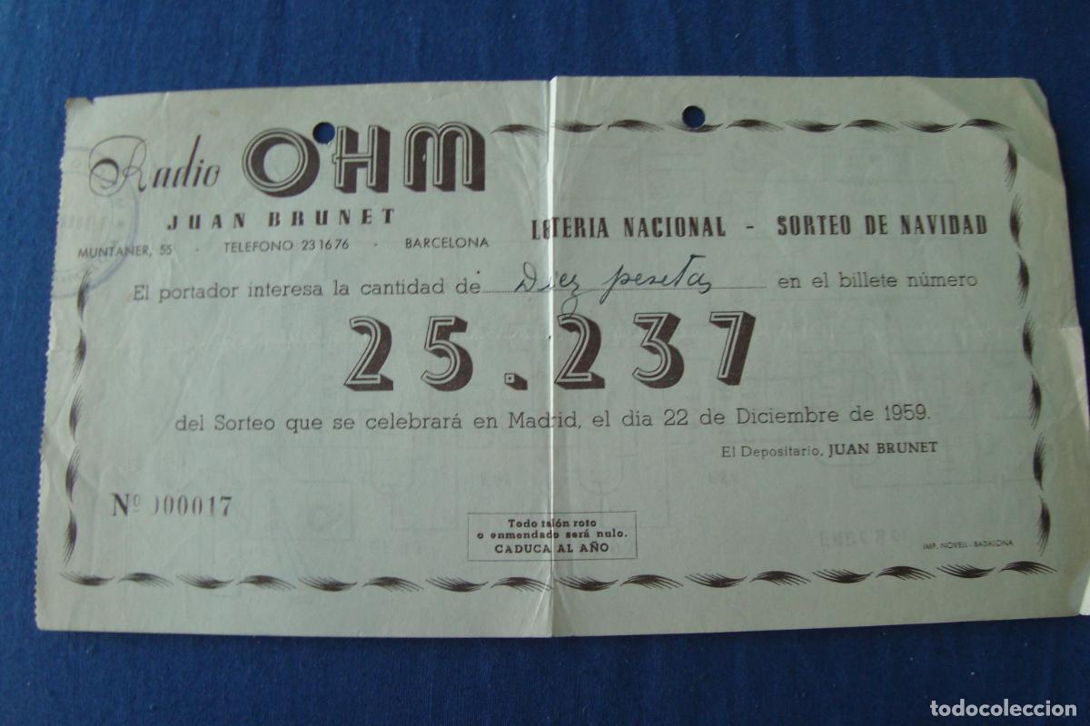 Lotaria Nacional: ANTIGUA PARTICIPACION LOTERIA RADIO OHM JUAN BRUNET BARCELONA 1959. ESQUEMA DE VALVULAS